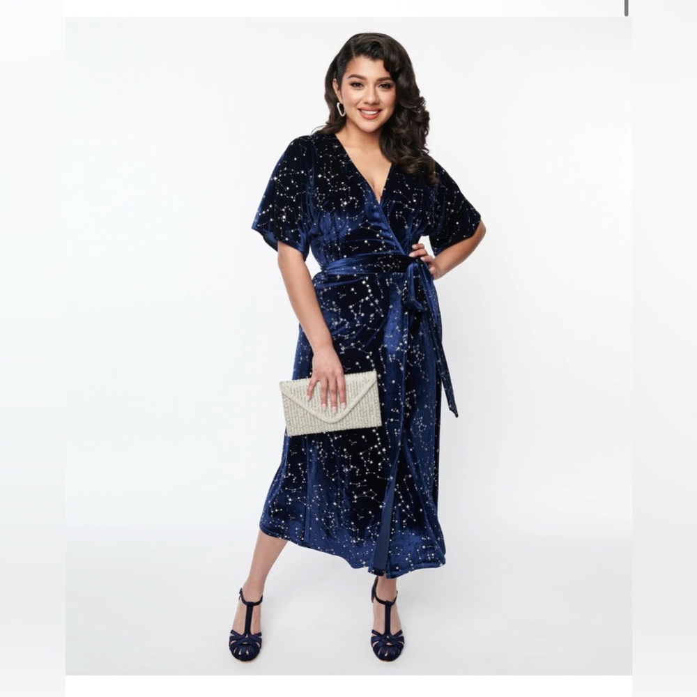 Unique Vintage 1970s Navy & Silver Stars Velvet Wrap Midi Dress